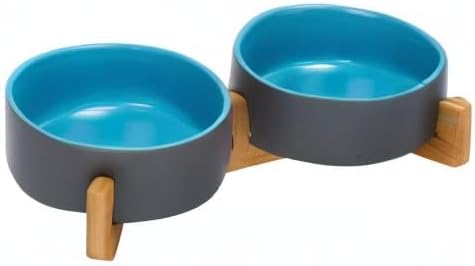 SPUNKYJUNKY Ceramic Dog and Cat Bowl Set with Wooden Stand, Modern Cute Weighted Food Water Set for Small Size Dogs (13.5OZ) & Medium Sized Dogs (28.7OZ) & Cats (1.7 Cups, 2 × Blue-Grey)