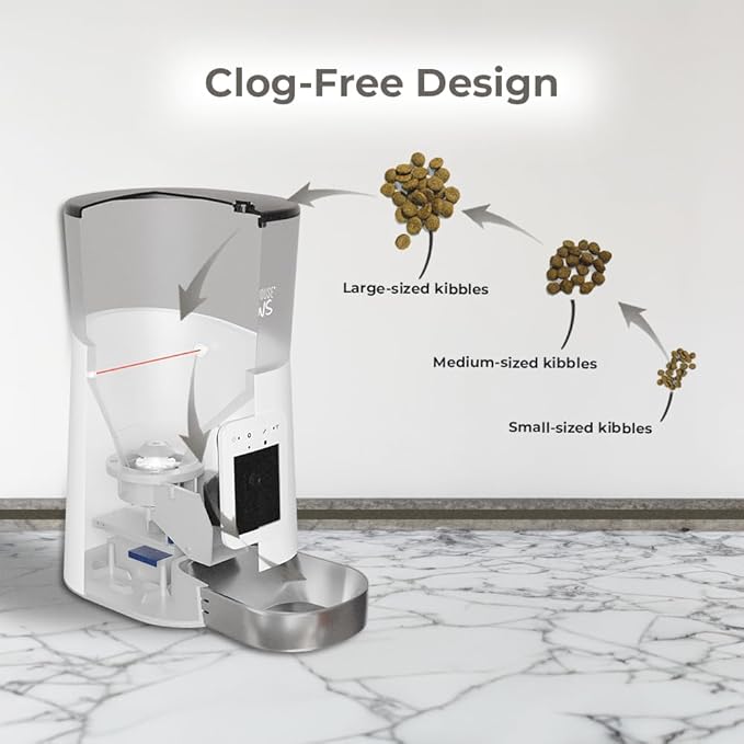 Smart HD Cat Feeder, 2 Way Audio + Voice Recording, Automatic Feeder for Dog with 1080p Night Vision Camera, WiFi App Controlled, Battery Backup, Anti Jam 6L Upto 15 Daily Meals, White Stainless