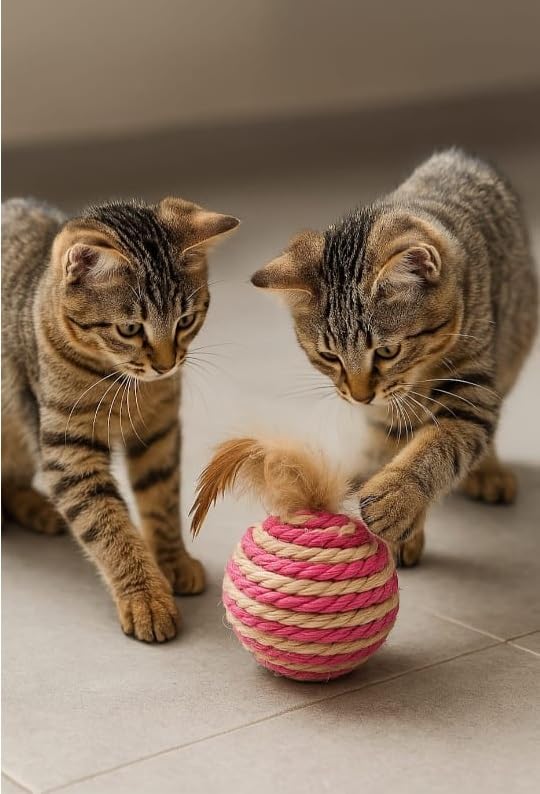 Ball for cat with Feathers - Balls for Cats β Natural Toy for Indoor Cats β Eco-Friendly, Durable, Interactive Play Balls for Kittens β Pet-Safe Chew & Scratch Toys (Red)