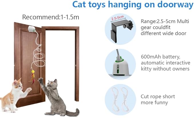 Cat Toys Hanging Door Electric and Moving Ball, Cats Toy Interactive for Indoor for Bored Feather Toys Kitten Rechargeable Door Hanging Automatic Retractable String(White)