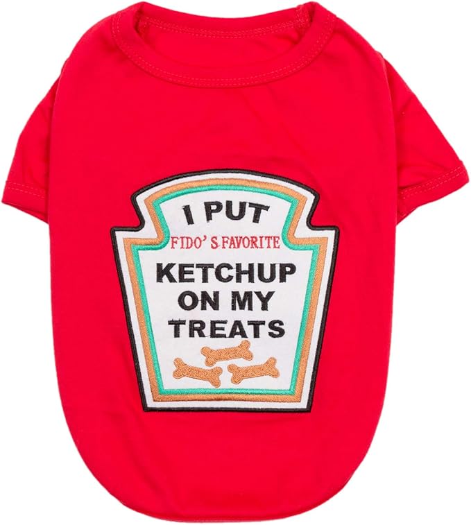 Parisian Pet Dog Shirt - Embroidered “I Put Ketchup on My Treats“ - 100% Cotton and Polyester Dog Clothes - Sleeved, Lightweight Costume for Dogs - Red Dog Shirts for Large Dogs - Pet Costumes 2XL