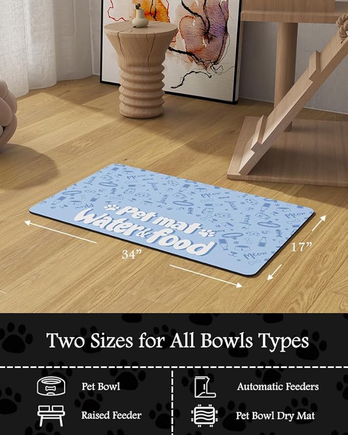 Pet Feeding Mat-Absorbent Dog Mat for Food and Water Bowl-No Stains Quick Dry Water Dispenser Mat-Dog Accessories Pet Supplies-Bowl for Messy Drinkers(PAW,17"x34"