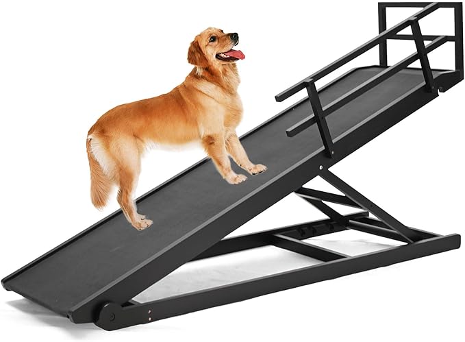 Dog Ramp, 5 Level Adjustable Height Folding Pet Ramp for High Bed, Portable Paw Ramps Large Bed Ramp for Medium & Large Old Dogs & Cats - Natural Wood Furniture Quality