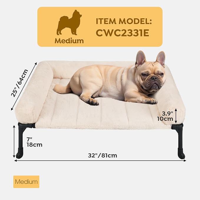 Veehoo Cooling Elevated Dog Bed + Removable Fluffy Pillow-Top Mat, Plush Dog Bed with Bolster, Breathable Mesh, No-Slip Feet, Portable Raised Dog Bed for Indoor & Outdoor, 32"x25", Medium, CWC2331E