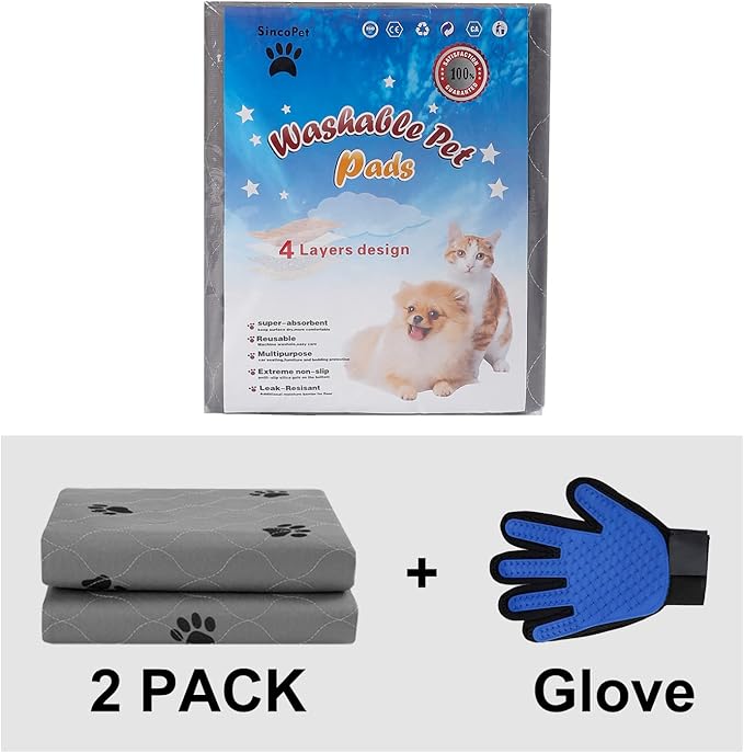 Washable Pee Pads for Dogs + Free Puppy Grooming Gloves/Quilted, Fast Absorbing Machine Washable Dog Whelping Pad/Waterproof Puppy Training Pad/Housebreaking Absorption Pads