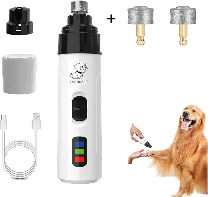 Electric Dog Nail Grinder - USB Rechargeable Electric Nail Trimmer with 3 Diamond Grinding Heads for Small to Large Dogs & Cats