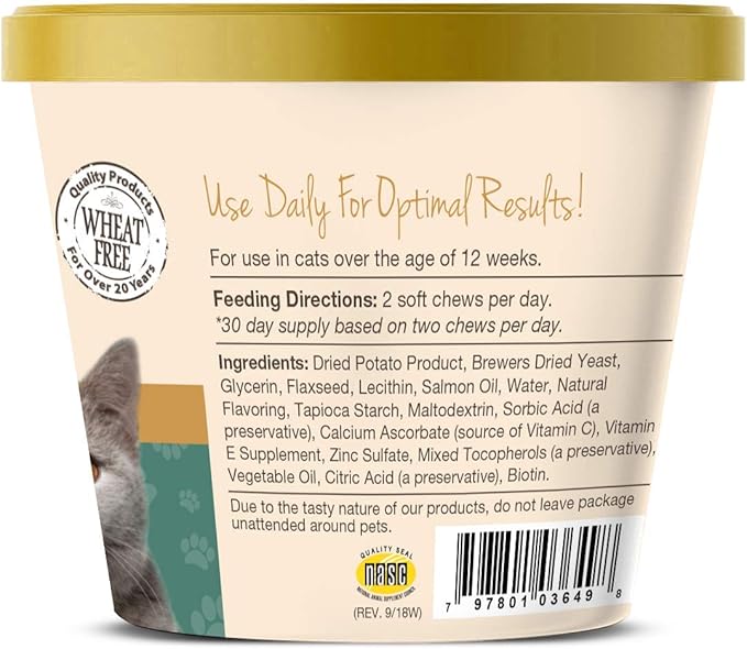 NaturVet – Skin & Coat Plus Omegas for Cats – 60 Soft Chews | Supports Healthy Skin & Glossy Coat | Enhanced with Omega-3, Omega-6 & Biotin | 30 Day Supply