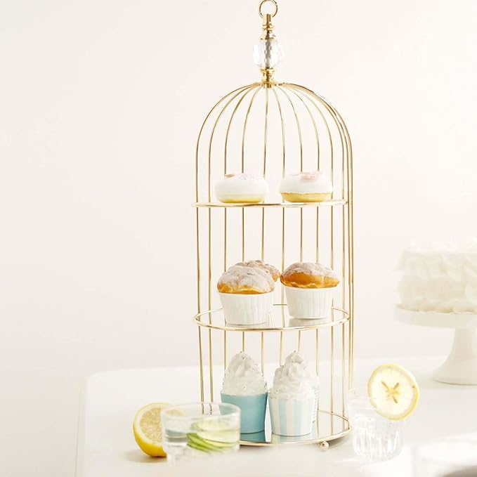 Efavormart 22" - 3 Tier Crystal Mirror Top Gold Metal Bird Cage Cupcake Cake Stand, Dessert Display for Wedding, Party, Birthday, Baby Shower Celebrations, Home Decorations