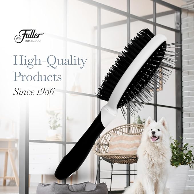 Fuller Brush 2-in-1 Double-Sided Pet Brush - Electroplated Round-Ended Steel Pins Positioned Into a Flexible Cushion on One Side & Nylon Bristles - Remove Shedding - Tool For Grooming Dogs & Cats