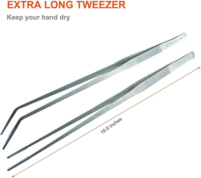 Extra Long Tweezers with Rubber Cover Tips, Fecsam Feeding Tongs - 2 Pack/18.9 inch Aquarium Stainless Steel Large Aquascape Tools for Fish Tank, Terrarium,Aquascaping, Reptile, Bearded Dragon