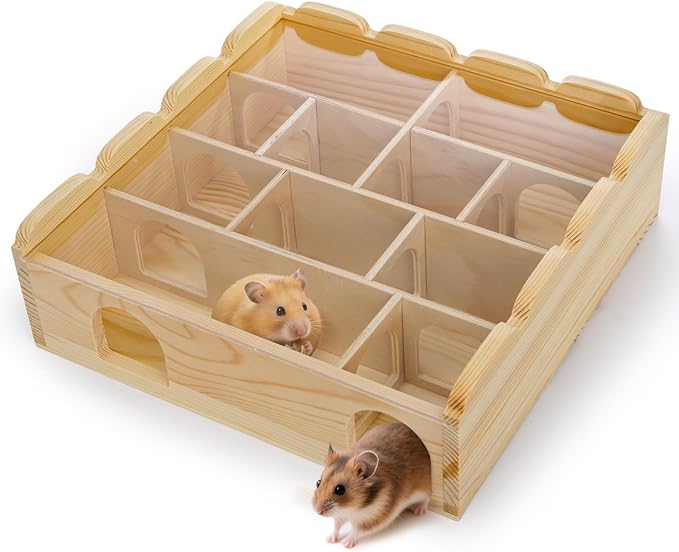 ZENFUN Wooden Hamster Maze with Clear Acrylic Cover, Multi-Chamber Hamsters Hide Tunnel Cage, Hideout Tunnel Toy Shed and Explore Toy for Dwarf Hamsters Mice Small Gerbil(Free-Installation)