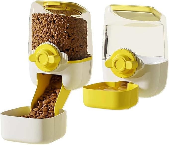 Pet Hanging Automatic Feeders Drinking Bowls,Gravity Rabbit Feeder and Water Set,Cage Cat Food Bowl Feeding Station for Puppy Kitten Chinchilla Hedgehog Guinea Pig Ferret (Yellow-Water)