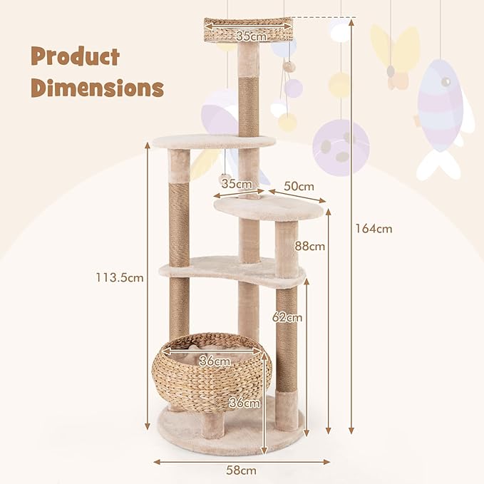 PETSITE 65 inch Cattail Cat Tree Tower, Multi-Level Cat Tower with Natural Jute Scratching Posts, Cat Bed, Top Perch, Dangling Balls and Jumping Platforms, Modern Tall Cat Tree for Indoor Cats