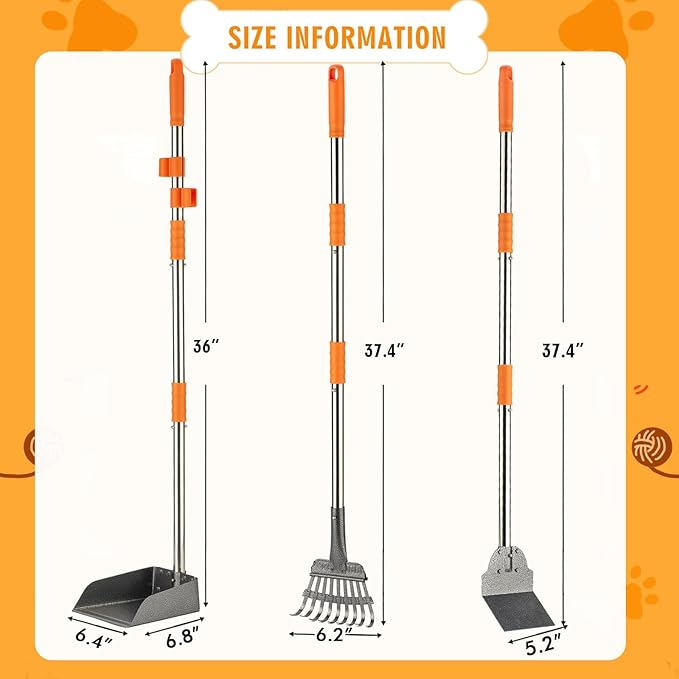 TIMINGILA Pooper Scooper Dog Pooper Scooper Long Handle Stainless Metal Tray Rake Spade Set for Large Medium Small Dogs Easy to Clean Pet Waste Use for Yard, Grass, Dirt or Gravel - Pet Supplies