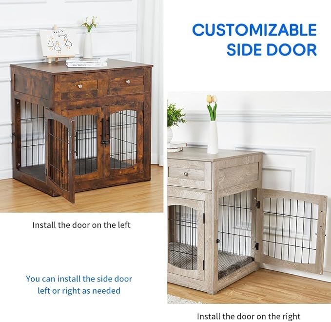 Dog Crate Furniture for Large Dogs, Wooden Dog Kennel Indoor with Double Doors, Dog Cage with Cushion & Drawers, Dog House Side End Table for Large Medium Dogs up to 70 lb, 39.4β L, Grey