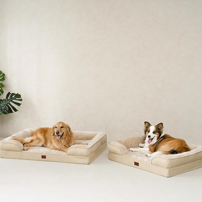EHEYCIGA Orthopedic Dog Beds for Extra Large Dogs, Waterproof Memory Foam XXL Dog Bed with Sides, Non-Slip Bottom and Egg-Crate Foam Big Pet Couch Bed with Washable Removable Cover, Greige