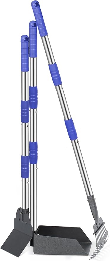 Heeyoo Dog Pooper Scooper, Dog Poop Tray and Rake Set, Pet Waste Removal Scoop with Long Adjustable Sectional Stainless Handles