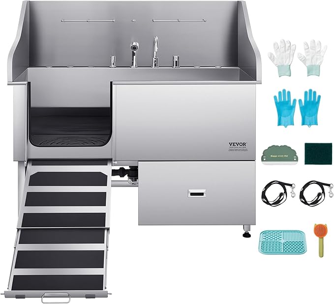 VEVOR Professional 304 Stainless Steel Dog Bathing Station, 61 inch Pet Grooming Tub w/Anti-Slip ramp, Storage Drawer, Cold Hot Faucet Showerhead, for Large & Medium & Small (Left Door, with Drawer)