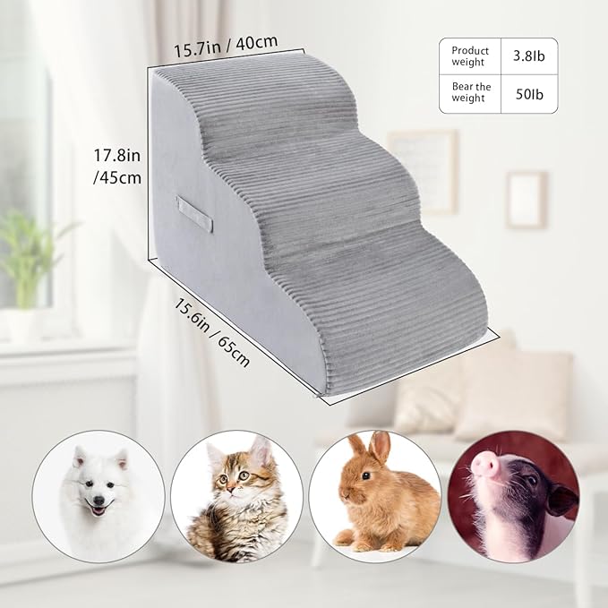 High Density Foam Dog Stairs Steps, 17.8’’ Non-Slip Extra Wide Deep Pet Steps for Beds Or Couches, for Injured or Older Pets Dogs and Cats with Joint Pain, 3-Tiers (Grey)