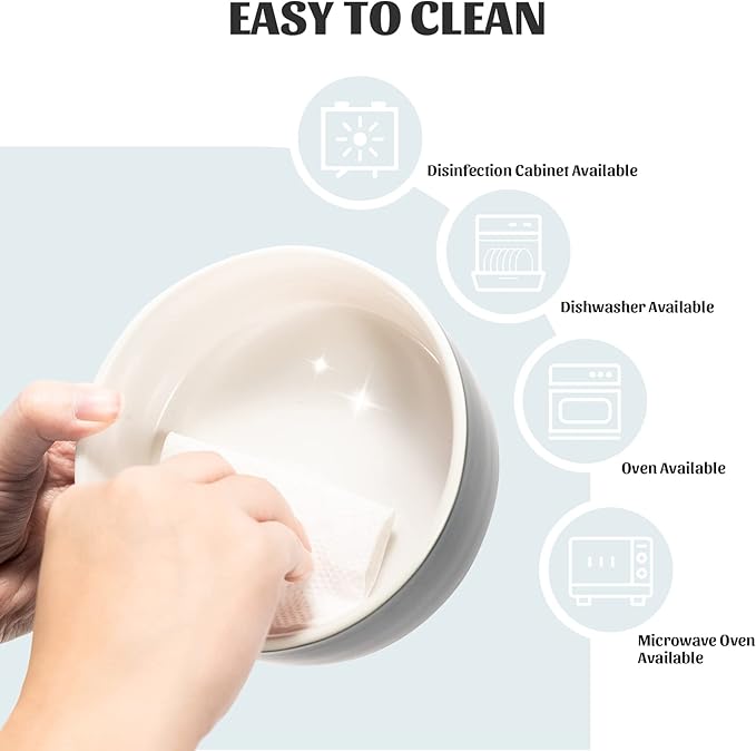 SPUNKYJUNKY 15° Slanted Ceramic Dog and Cat Bowl with Wooden Stand, Tilted Bulldog Food and Water Bowl No Slip Non-Spill for Cats Medium Dogs Big Face Pets 28.7 OZ (3.6 Cups, White-Grey × 2)