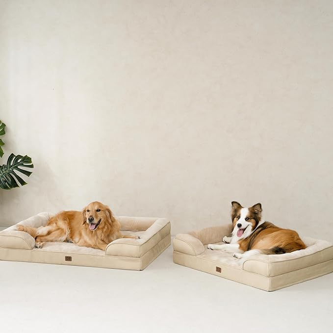 EHEYCIGA Orthopedic Dog Bed for Medium Dogs, Waterproof Memory Foam Medium Dog Beds with Sides, Non-Slip Bottom and Egg-Crate Foam Pet Couch Bed with Washable Removable Cover, Greige