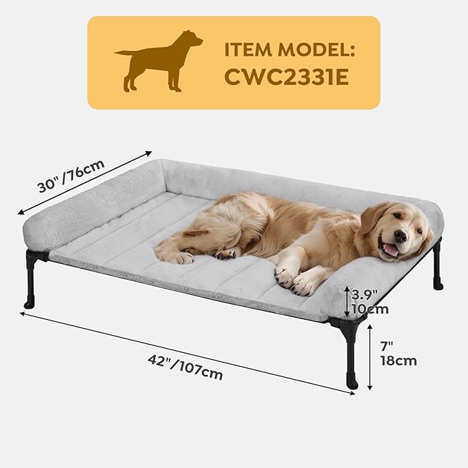 Veehoo Cooling Elevated Dog Bed with Fluffy Plush Bolster Cushion, Indoor Raised Dog Beds for Large Dogs, Soft Pet Sofa Cot with Removable Washable Mat, No-Slip Feet, 42 x 30 inches, Grey