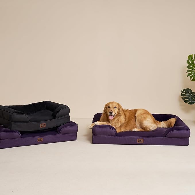 EHEYCIGA Orthopedic Dog Beds for Extra Large Dogs, Waterproof Memory Foam XXL Dog Bed with Sides, Non-Slip Bottom and Egg-Crate Foam Big Pet Couch Bed with Washable Removable Cover, Purple