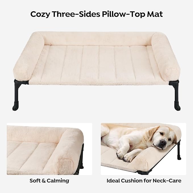 Veehoo Cooling Elevated Dog Bed with Fluffy Plush Bolster Cushion, Indoor Raised Dog Beds for Large Dogs, Soft Pet Sofa Cot with Removable Washable Mat, No-Slip Feet, 59 x 37 inches, Cream White