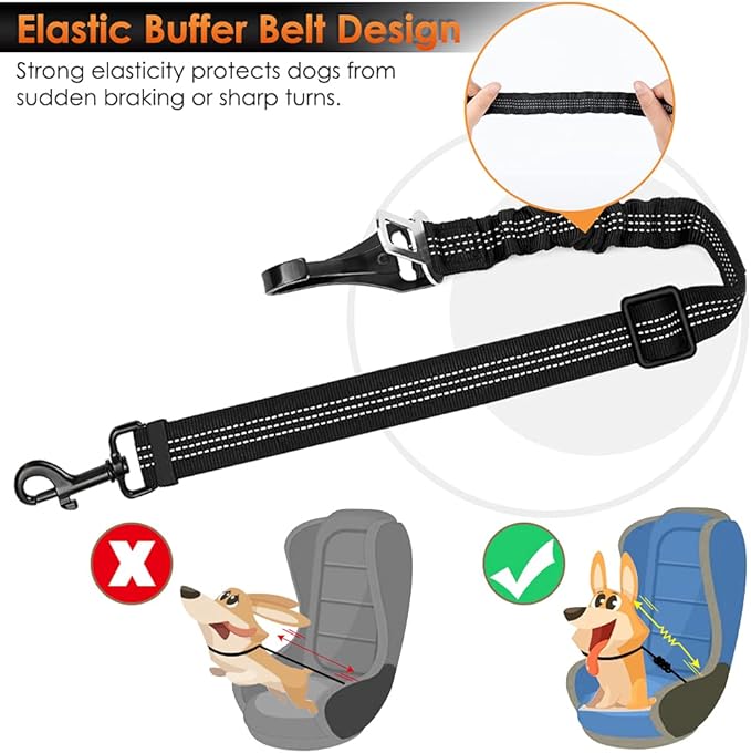 SlowTon Dog Seat Belt, Adjustable Dog Safety Belt Leash, 2 in 1 Latch Bar Attachment Dog Car Seatbelt with Elastic Nylon Bungee Buffer, Reflective Nylon Belt Tether Connect to Dog Harness (2Black)