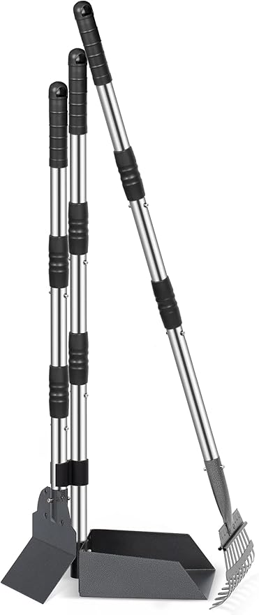 Heeyoo Dog Pooper Scooper, Dog Poop Tray and Rake Set, Pet Waste Removal Scoop with Long Adjustable Sectional Stainless Handles