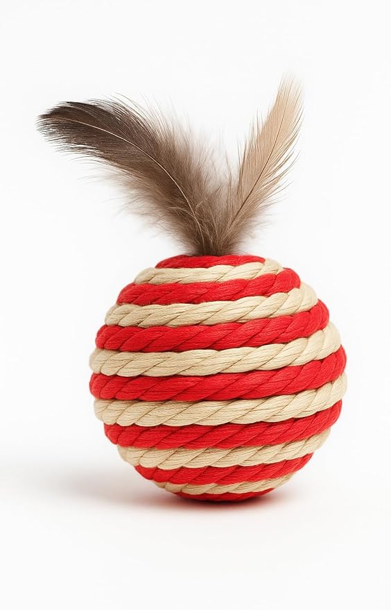 Ball for cat with Feathers - Balls for Cats β Natural Toy for Indoor Cats β Eco-Friendly, Durable, Interactive Play Balls for Kittens β Pet-Safe Chew & Scratch Toys (Red)