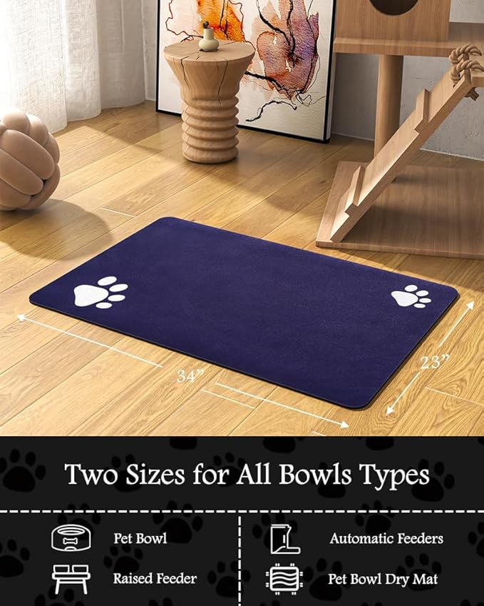 Pet Feeding Mat-Absorbent Dog Mat for Food and Water Bowl-No Stains Quick Dry Water Dispenser Mat-Dog Accessories Pet Supplies-Bowl for Messy Drinkers(Navy,23"x34"