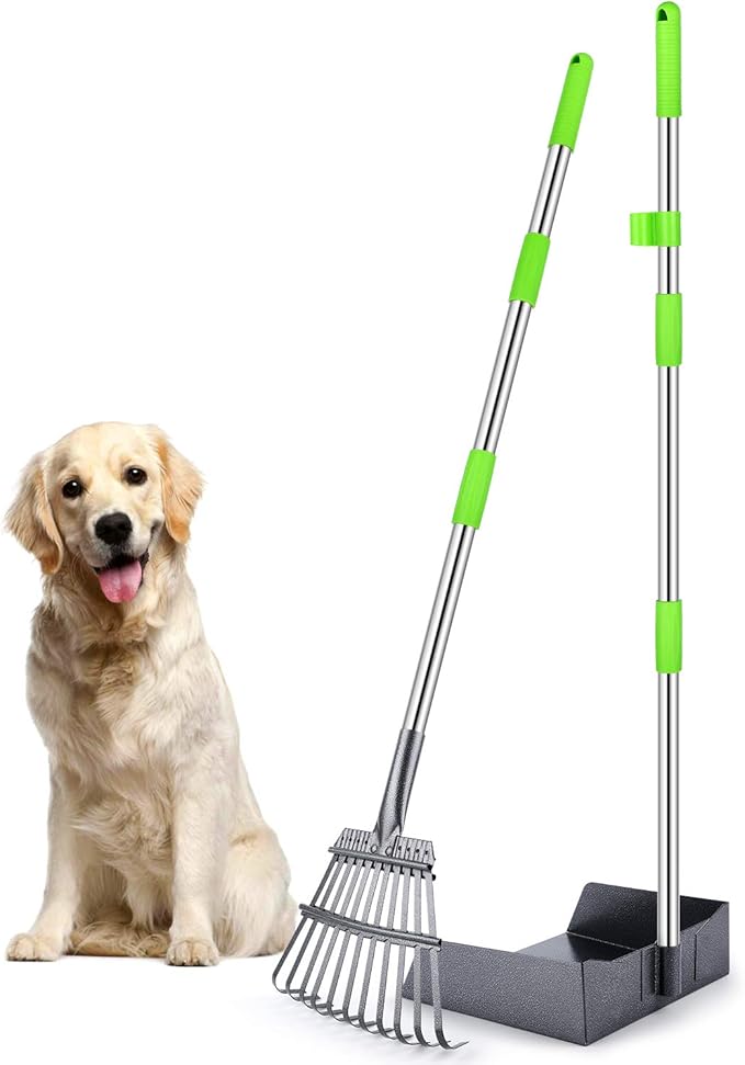 TNELTUEB Extra Large Dog Pooper Scooper, Metal Pet Poop Tray & Rake Set, Adjustable Long Handle for Large Dogs - Great for Grass/Street/Gravel