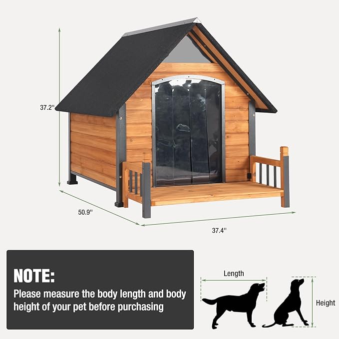 Large Dog House Outdoor Weatherproof Dog Kennel with Anti-Chewing Iron Frame, Dog Shelter for Large Breed with Porch (Brown, 50.9" D x 37.4" W x 37.2" H)