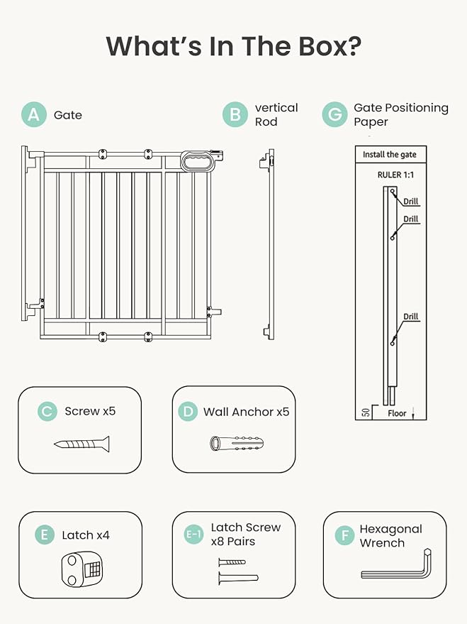 Grownsy Baby Gate for Stairs- No Bottom Bar, Adjustable Width 32” to 48” for Child and Pet, Dog Gate with Auto-Close & One-Hand Operation, Screw-in Installation for Doorways and Indoor Use