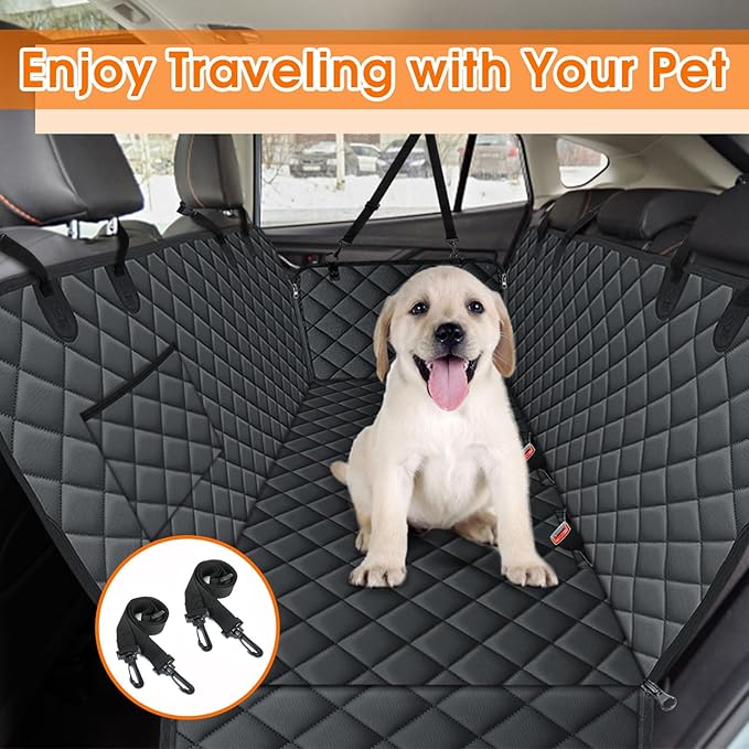 Waterproof Dog Car Seat Cover for Back Seat - Durable, Scratch Proof Pet Hammock with Nonslip Design & Storage Pockets, Fits Cars, SUVs, Trucks - L, Black