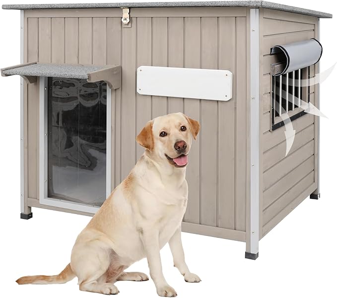 Dog House Outdoor Weatherproof & Wooden Dog Kennel with Chew-Proof Iron Frame,Removable Floor, Adjustable Vent Window, Easy Assembly for Large and Medium Dogs 43.3" D x 29.5" W x 33.5" H