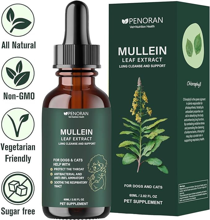 Pet Mullein Leaf Extract Drops for Dogs & Cats Hoarseness, Cough, Easy Breathing, Lung Cleanse and Support, Better Lungs, Soothes Throat Discomfort - 100% Natural and Efficient 