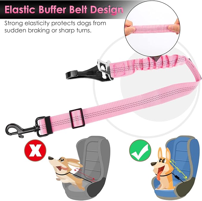 SlowTon Dog Seat Belt, Adjustable Dog Safety Belt Leash, 2 in 1 Latch Bar Attachment Dog Car Seatbelt with Elastic Nylon Bungee Buffer, Reflective Nylon Belt Tether(Pink,35.5in)