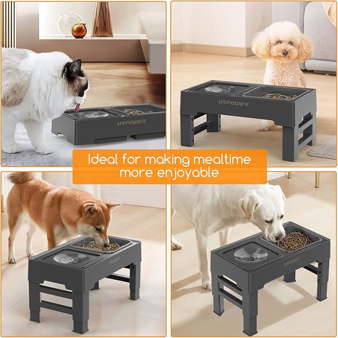 URPOWER 2-in-1 Elevated Slow Feeder with No Spill Dog Water Bowl 4 Height Adjustable Raised Bowl Stand for Small to Large Dogs, Cats & Pets