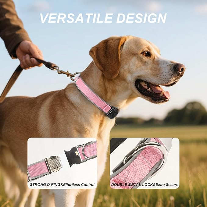 Waterproof Airtag Dog Collar - Nylon Collar with Durable Airtag Holder, Reflective&Anti-Lost with Safety Metal Buckle, Soft Padded Adjustable for Small Medium Large Dogs Pink M