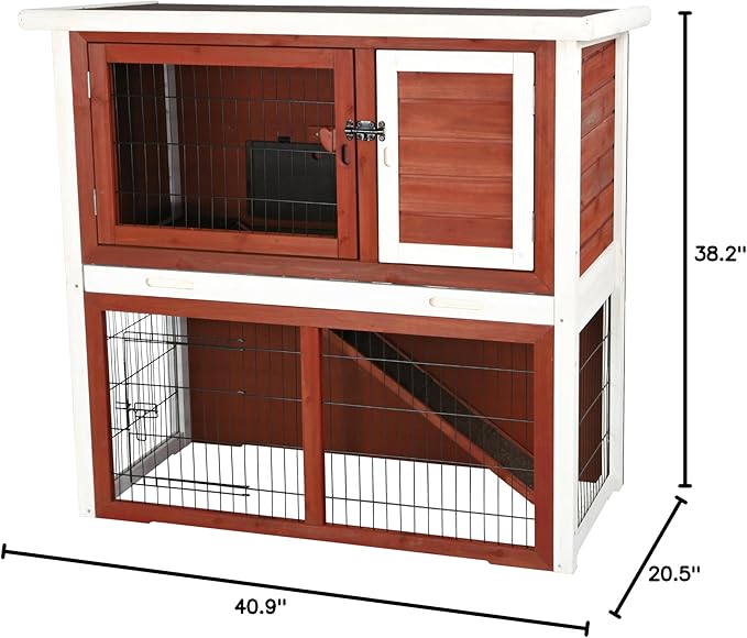 TRIXIE natura Outdoor Rabbit Hutch with Run - 2-Story Rabbit Cage with Non-Slip Ramp - Medium Elevated Small Animal House with Secure Playpen, Hinged Roof & Pull-Out Tray - in Auburn/White