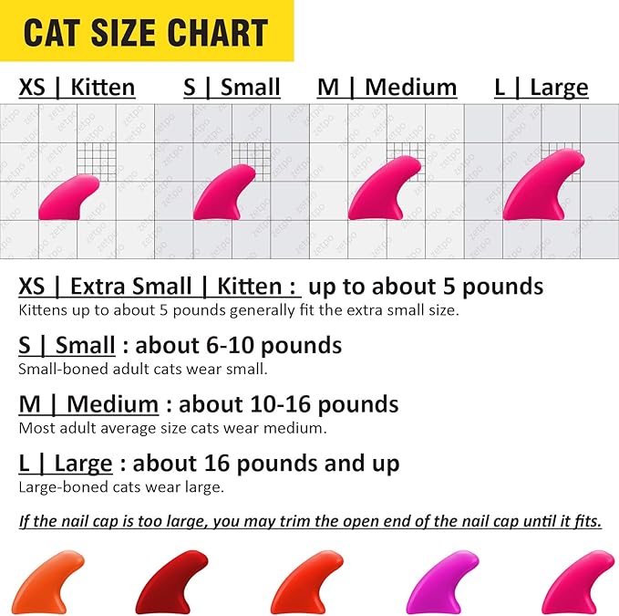 zetpo 100 pcs Cat Nail Caps | Cat Claw Covers | with Adhesives and Applicators (XS, Orange, Red, Neon Red, Bright Pink, Rose)