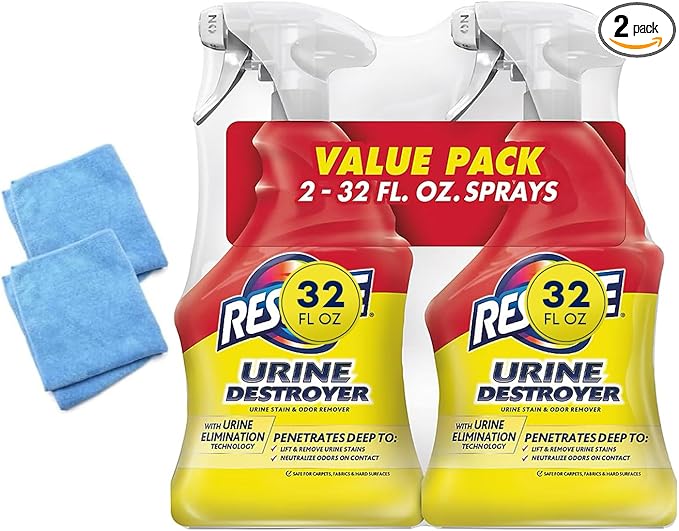 Urine Destroyer Spray β Pet Stain and Odor Remover, Carpet Cleaner Solution for Cat and Dog Urine, Compatible with Resolve, 32 Fl Oz Bundle With 2x Microfiber Cleaning Cloth 14x14