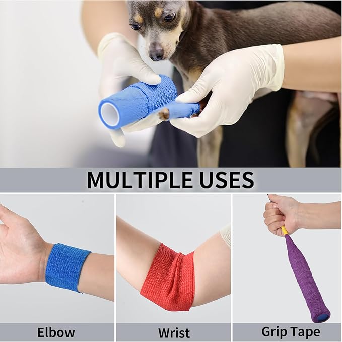 Self Adhesive Bandage Wraps 2 Inch x 5 Yards Athletic Tape Elastic Bandage Wrap for Wrist Ankle Finger Sports Tape Pet Vet Wrap for Dogs Breathable Cohesive Bandage, 12 Pack