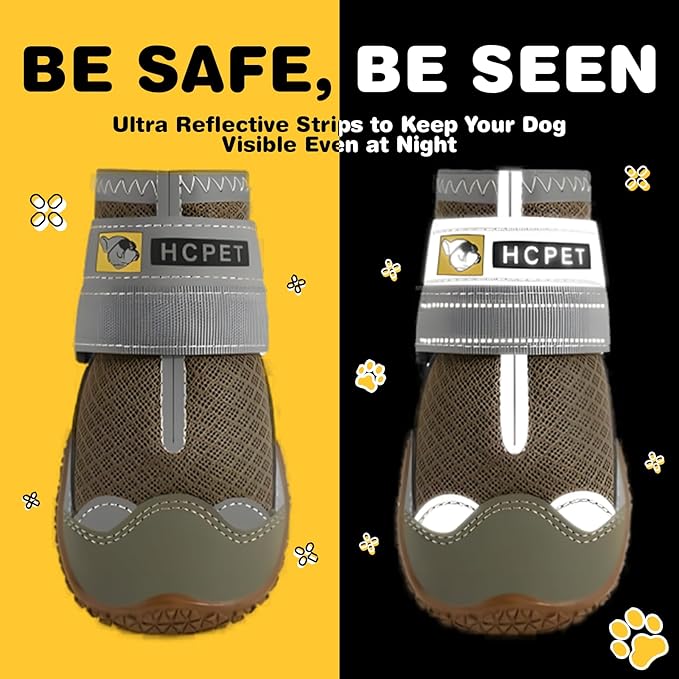 Hcpet Dog Shoes for Large Dogs, Breathable Dog Booties for Small Medium Dogs, Anti-Slip Dog Boots & Paw Protectors for Hot Pavement Winter Snow Hiking with Reflective Straps Army Green Size 8