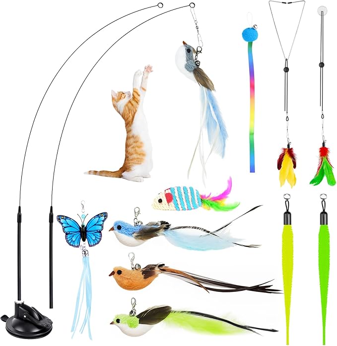 HONGDDY Interactive Bird Simulation Cat Toys,4 in 1 Cat Toys for Indoor Cats, 4 Replacement Birds,Hanging Door Kitten Wand with Suction Cup Removable Feathers Balls Mice Butterfly Streamers