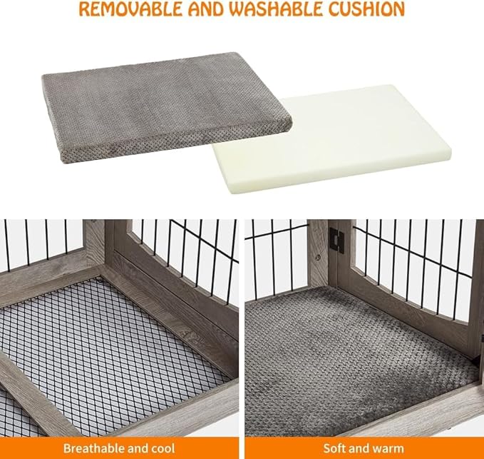 Dog Crate Furniture for Large Dogs, Wooden Dog Kennel Indoor with Double Doors, Dog Cage with Cushion & Drawers, Dog House Side End Table for Large Medium Dogs up to 70 lb, 39.4β L, Grey