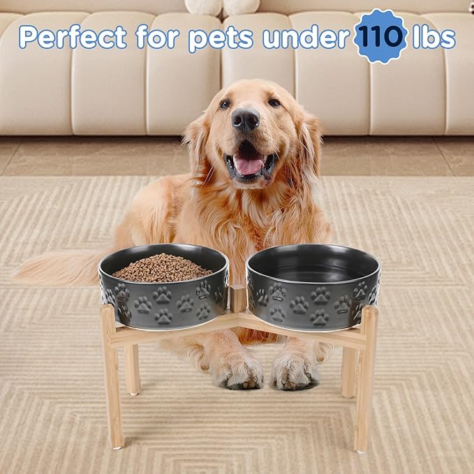SPUNKYJUNKY Elevated Dog Bowls Ceramic, 8.3'' Dogs Food Water Bowls Raised with Non-Slip Bamboo Stand for Large Sized Breed Microwave Dishwasher Safe - 60 OZ,Paw Black