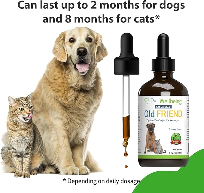 Pet Wellbeing Old Friend for Senior Dogs & Cats- Supports Immune System Health, Joint Mobility, Healthy Energy Levels, Alfalfa, Reishi - Veterinarian-Formulated Herbal Supplement 4 oz (118 ml)